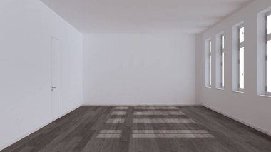 Boş oda iç tasarımı, koyu parke döşemeli açık alan, pencere ve beyaz duvarlar, modern mimari konsept fikri