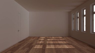 Karanlık akşam sahnesi, boş oda iç tasarımı, parke zemin, pencere ve beyaz duvarlı açık alan, modern mimari konsept fikri.