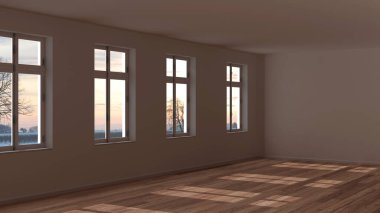 Karanlık akşam sahnesi, boş oda iç tasarımı, parke zemin, pencere ve beyaz duvarlı açık alan, modern mimari konsept fikri.