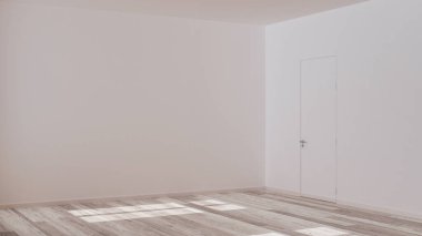 Boş oda iç tasarımı, beyazlatılmış parke zeminli açık alan, pencere ve beyaz duvarlar, modern mimari konsept fikri