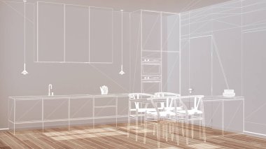 Parke zemin ve pencereli boş beyaz iç döşeme, özel mimari tasarım projesi, beyaz mürekkep çizimi, ada ve sandalyeli mutfağı gösteren plan