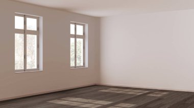 Boş oda iç tasarımı, koyu parke döşemeli açık alan, pencere ve beyaz duvarlar, modern mimari konsept fikri