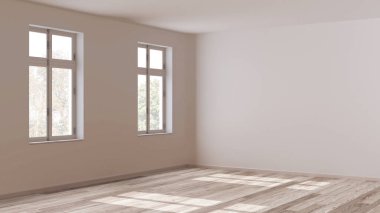 Boş oda iç tasarımı, beyazlatılmış parke zeminli açık alan, pencere ve beyaz duvarlar, modern mimari konsept fikri