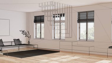 Parke zemin ve pencereli boş beyaz iç döşeme, özel mimari tasarım projesi, siyah mürekkep taslağı, kanepe ve merdivenli oturma odasını gösteren plan.