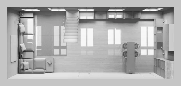 ホワイトプロジェクトの草案 スカンジナビアの木製キッチン ダイニング リビングルーム ソファー 最小の階段 ダイニングアイランド トップビュー プラン ジャパンディのインテリアデザイン — ストック写真