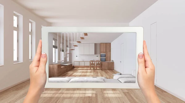 Augmented Reality Concept Hand Holding Tablet Application Used Simulate Furniture — Stock Photo, Image