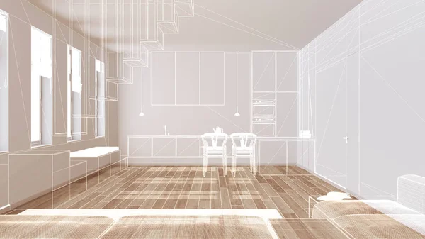 Empty White Interior Parquet Floor Window Custom Architecture Design Project — Stock Photo, Image