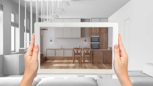 Augmented Reality Concept Hand Holding Tablet Application Used Simulate Furniture — Stock Photo, Image