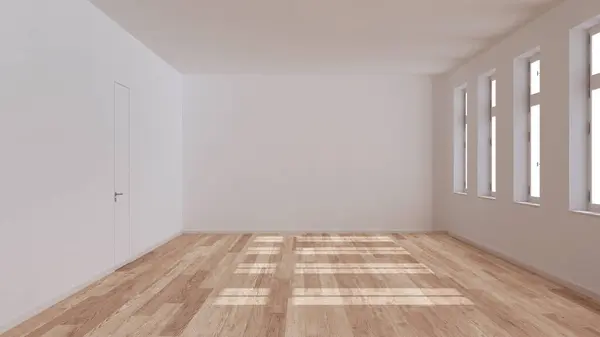 空房间室内设计 有木地板 窗户和白墙的开放空间 现代建筑理念 — 图库照片