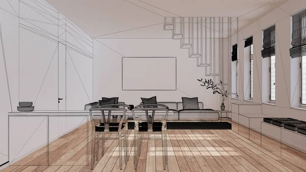파케트 바닥과 사용자 아키텍처 디자인 프로젝트 스케치 의자와 거실과 부엌을 — 스톡 사진