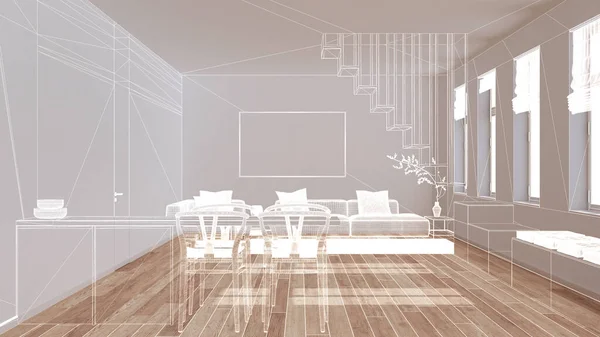 Leeres Weißes Interieur Mit Parkettboden Und Fenster Maßgeschneidertes Architekturdesign Projekt — Stockfoto