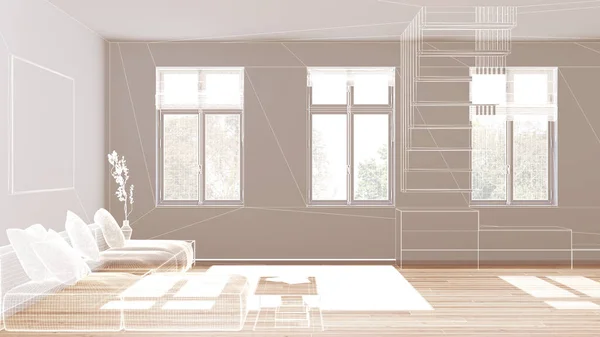 パーケットフロアと窓付きの空白のインテリア カスタムアーキテクチャデザインプロジェクト 白インクスケッチ ソファーと階段付きのリビングルームを示す青写真 — ストック写真