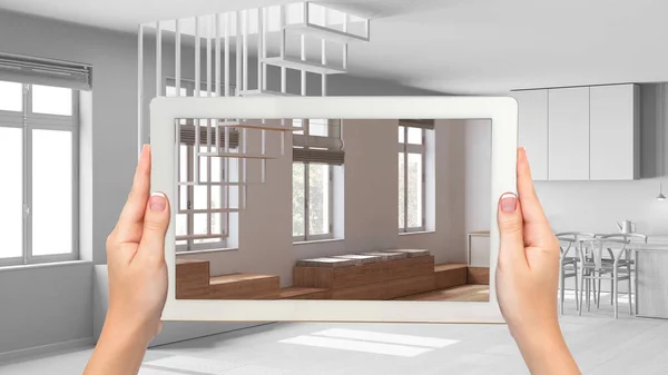 Augmented Reality Concept Hand Holding Tablet Met Applicatie Gebruikt Meubels — Stockfoto