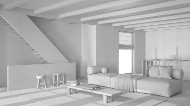 Tamamen beyaz proje taslağı, minimum modern ahşap yaşam alanı, yemek odası ve mutfak. Koltuk, merdiven, dolaplar ve yemek adası. Reçine zemin, lüks iç tasarım.