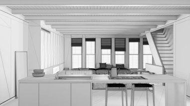 Tamamlanmamış proje taslağı, minimum modern ahşap mutfak ve yemek odası, kanepesi ve merdivenleri olan oturma odası. Zemin ve kiriş tavanı reçine. Lüks iç tasarım