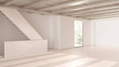 Boş oda iç tasarımı, reçineli zemin, pencere ve beyaz duvarlı açık alan, beyazlatılmış ahşap kirişler tavan ve merdiven, minimal modern mimari konsept fikri