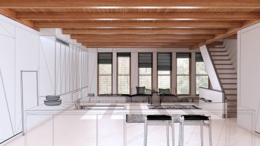 Reçine zeminli boş beyaz iç döşeme, ahşap kirişler tavan, özel mimari tasarım projesi, siyah mürekkep çizimi, mutfak ve merdivenli oturma odasını gösteren plan.