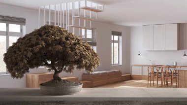 Saksı çiçekli ahşap masa rafı, bej yapraklar, çiçekler, minimal beyaz mutfak ve oturma odası, merdiven, zen mimarisi fikri.