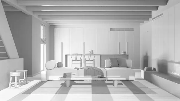 全白工程草案 最小的现代木制厨房和客厅 楼梯和餐厅岛豪华室内设计 — 图库照片