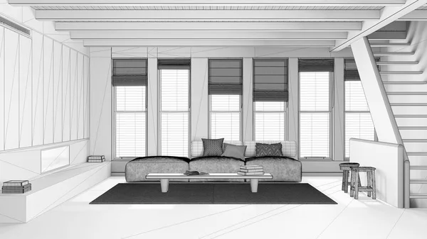 Blueprint Unfinished Project Draft Minimal Modern Living Room Resin Floor — Stock Photo, Image
