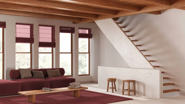 木製のビーム天井の白と赤のトーンで最小限のモダンなリビングルーム コーヒーテーブルと階段が付いているソファー ジャパンディ高級インテリアデザイン — ストック写真