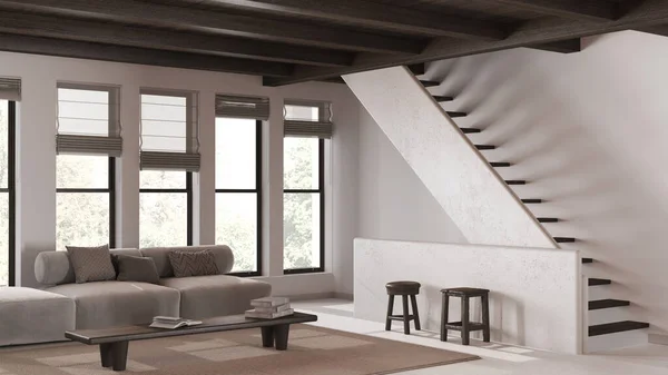 ダークウッドビーム天井の白とベージュ色のミニマルモダンなリビングルーム コーヒーテーブルと階段が付いているソファー ジャパンディ高級インテリアデザイン — ストック写真