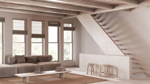 白とベージュ色の小さなモダンなリビングルームは 漂白された木製のビームの天井が付いています コーヒーテーブルと階段が付いているソファー ジャパンディ高級インテリアデザイン — ストック写真