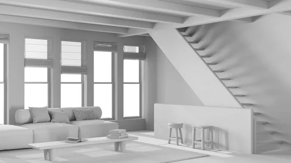 Celkový Bílý Projekt Návrhu Minimální Moderní Obývací Pokoj Dřevěnými Trámy — Stock fotografie