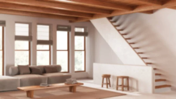 輝かしい背景 木製のビーム天井の最小限のモダンなリビングルーム コーヒーテーブルと階段が付いているソファー ジャパンディ高級インテリアデザイン — ストック写真