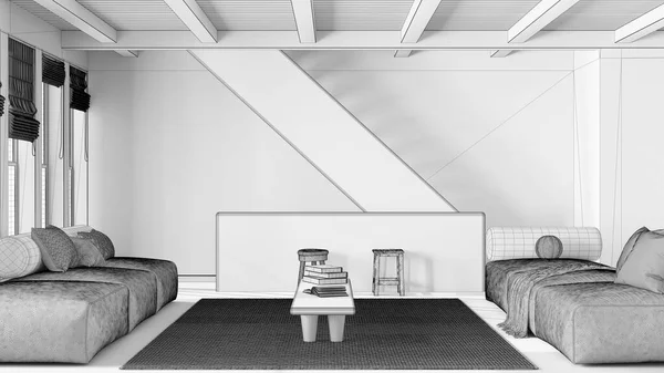 蓝图未完成的项目草稿 最小的客厅与木梁天花板 有咖啡桌和楼梯的沙发 日本的冥想室内设计 — 图库照片