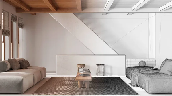建築家インテリアデザイナーのコンセプト 手描きの未完成のプロジェクトは 木製の梁の天井を備えたリアルで最小限のリビングルームになります ジャパンディアン — ストック写真