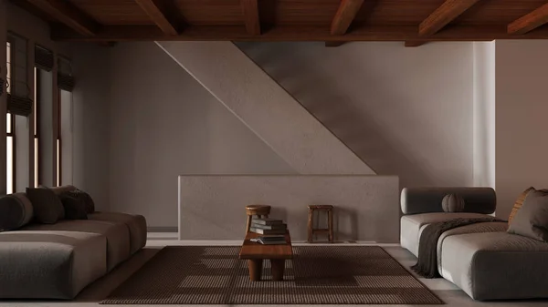 Dark late evening scene, minimal living room with wooden beams ceiling. Sofa with coffee table and staircase. Japandi mediterranean interior design