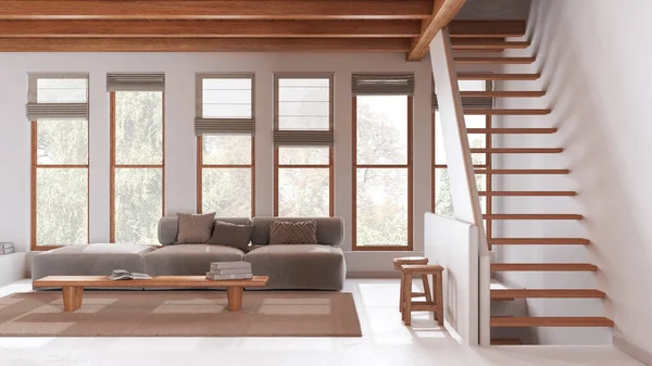 木製のビームと窓がついた白とベージュのリビングルーム コーヒーテーブルと階段が付いているソファー モダンな地中海のインテリアデザイン — ストック写真