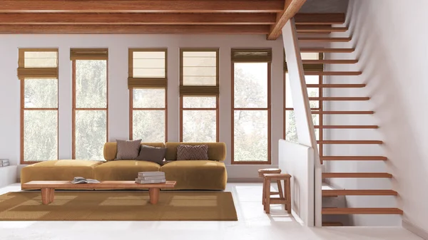 木製のビームと窓がついた白と黄色のリビングルーム コーヒーテーブルと階段が付いているソファー モダンな地中海のインテリアデザイン — ストック写真