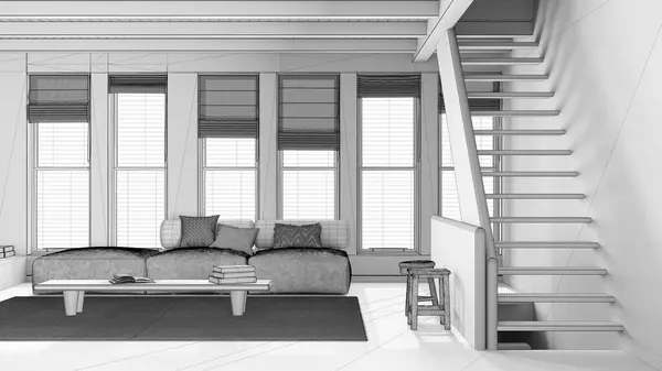 Blueprint Unfinished Project Draft Minimal Living Room Wooden Beams Ceiling — Stock Photo, Image