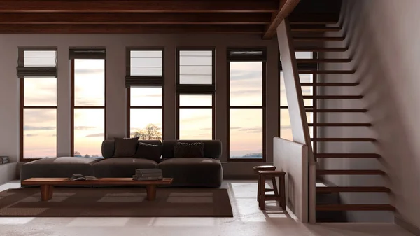 Dunkle Szene Späten Abend Minimalistisches Wohnzimmer Mit Holzbalkendecke Und Fenstern — Stockfoto
