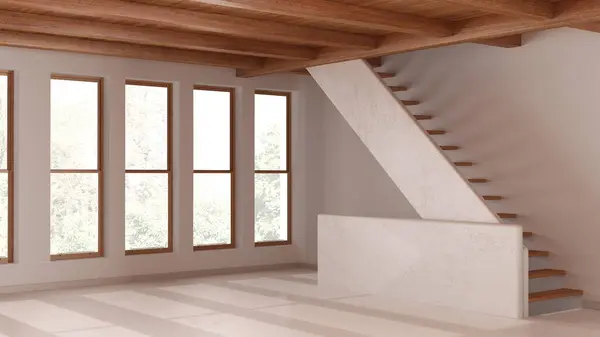 空の部屋のインテリアデザイン 樹脂床 白い壁 木製のビーム天井と階段 最小限のモダンな建築コンセプトの概念 — ストック写真