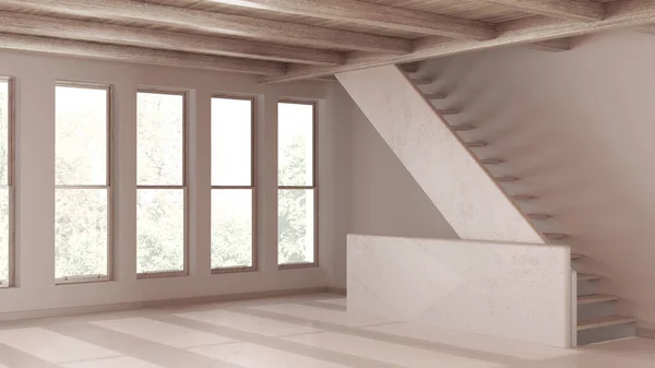 空の部屋の内部の設計 樹脂の床 窓および白い壁 漂白された木のビームの天井および階段 最小の現代建築の概念の考え — ストック写真