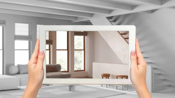 Augmented Reality Concept Handtablet Met Toepassing Voor Het Simuleren Van — Stockfoto