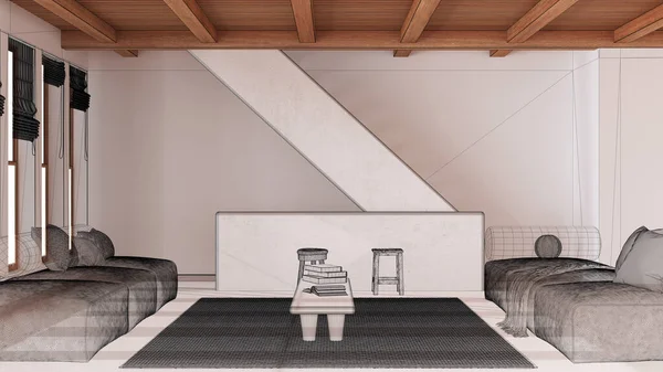 有树脂地板 木梁天花板 定制建筑设计项目 黑色墨水草图 带沙发和楼梯的客厅平面图的空白白色内饰 — 图库照片