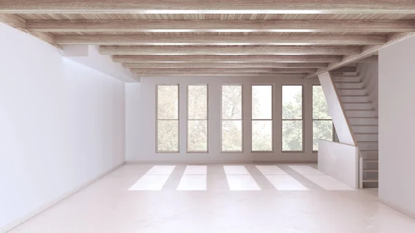 空房间室内设计 有树脂地板 窗户和白墙的开放空间 漂白的木梁天花板和楼梯 最低现代建筑理念 — 图库照片