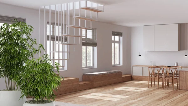 带有盆栽竹子的Zen室内 自然室内设计理念 带有饭岛和椅子的北欧木制厨房 现代楼梯 室内设计理念 — 图库照片