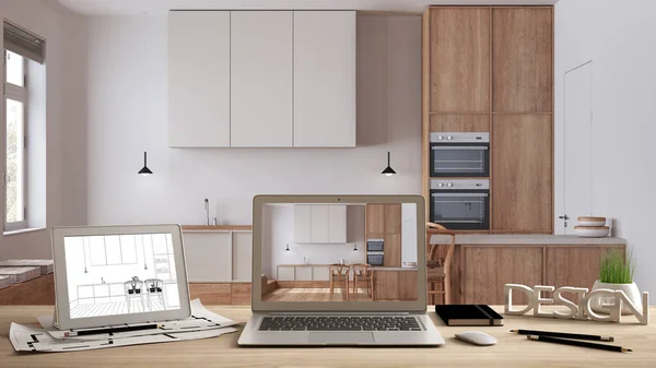 Koncepcja Architektoniczna Biurka Laptop Tablet Drewnianym Biurku Ekranem Przedstawiającym Projekt — Zdjęcie stockowe