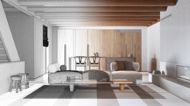 Mimar iç mimar konsepti: elle çizilmiş tamamlanmamış proje gerçek, en az ahşap mutfak ve oturma odası haline geliyor. Koltuk, merdiven ve yemek adası. Lüks stil