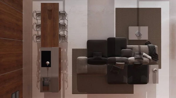 暗い夜のシーン 最小限のモダンな木製のキッチンとリビングルーム ソファー 椅子とダイニング島 トップビュー プラン ラグジュアリーインテリアデザイン — ストック写真