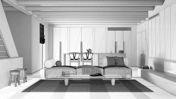 Blaupause Unvollendeter Projektskizze Minimale Moderne Holzküche Und Wohnzimmer Sofa Treppe — Stockfoto