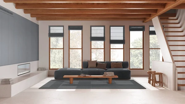 Minimal Modern Living Room White Gray Tones Resin Floor Sofa — Stock Photo, Image