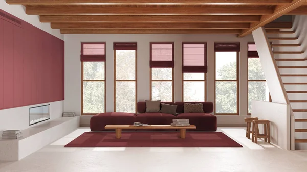 樹脂フロアの白と赤のトーンで最小限のモダンなリビングルーム コーヒーテーブルと階段が付いているソファー 木製のビーム天井 ラグジュアリーインテリアデザイン — ストック写真