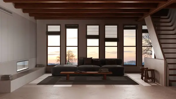 Dunkle Szene Späten Abend Minimalistisches Modernes Wohnzimmer Mit Harzboden Sofa — Stockfoto