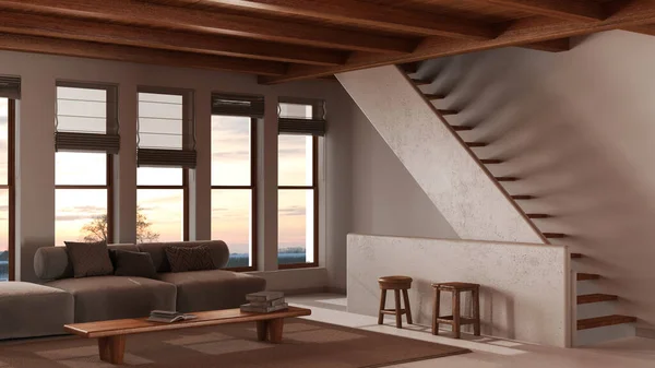 Dunkle Szene Späten Abend Minimalistisches Modernes Wohnzimmer Mit Holzbalkendecke Sofa — Stockfoto